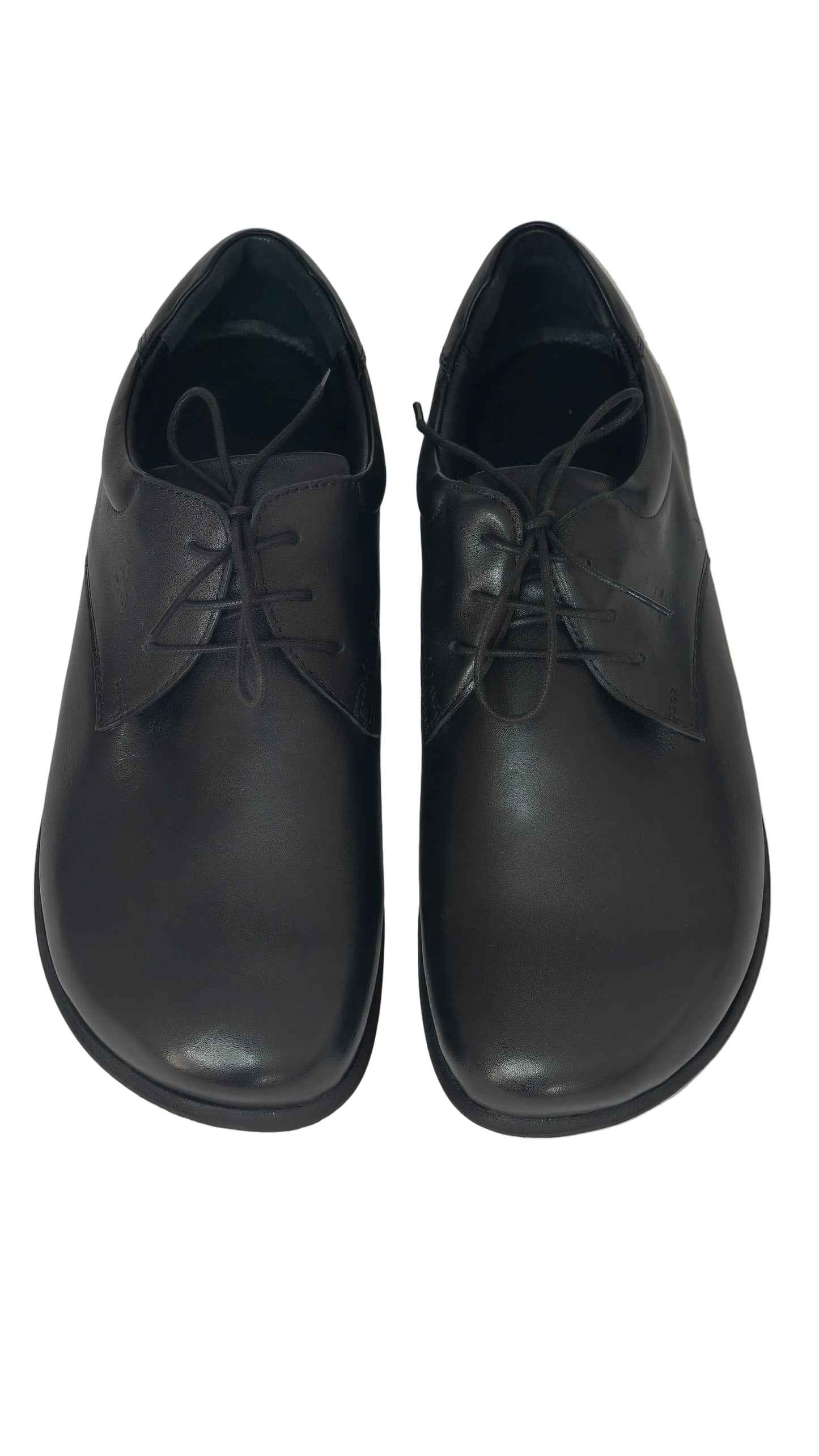 Pair of black leather shoes on a white background