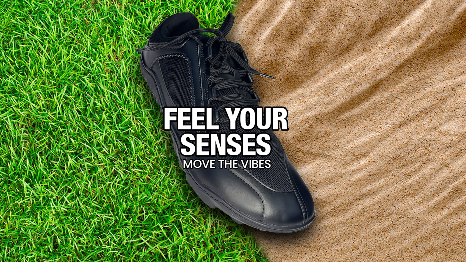 Shoe seen in grass and sand texture feel