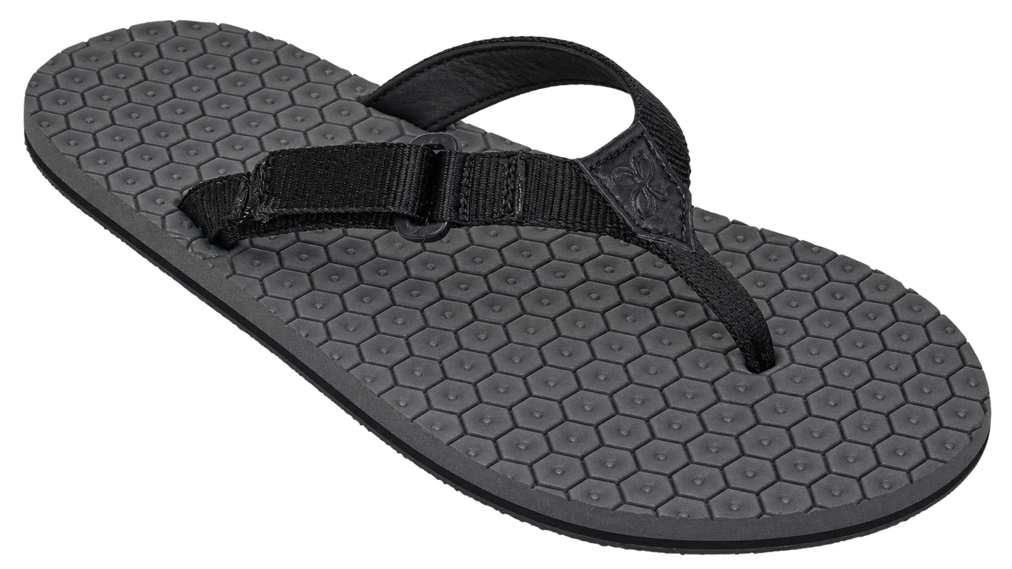 Here padded straps along with customisable fit by easy hook changable placement over different ladder lock slots is seen 
A black hawai slipper in white background