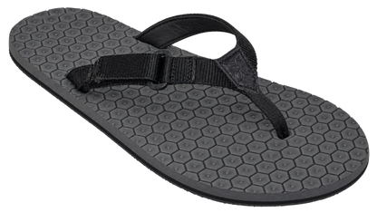 Here padded straps along with customisable fit by easy hook changable placement over different ladder lock slots is seen 
A black hawai slipper in white background